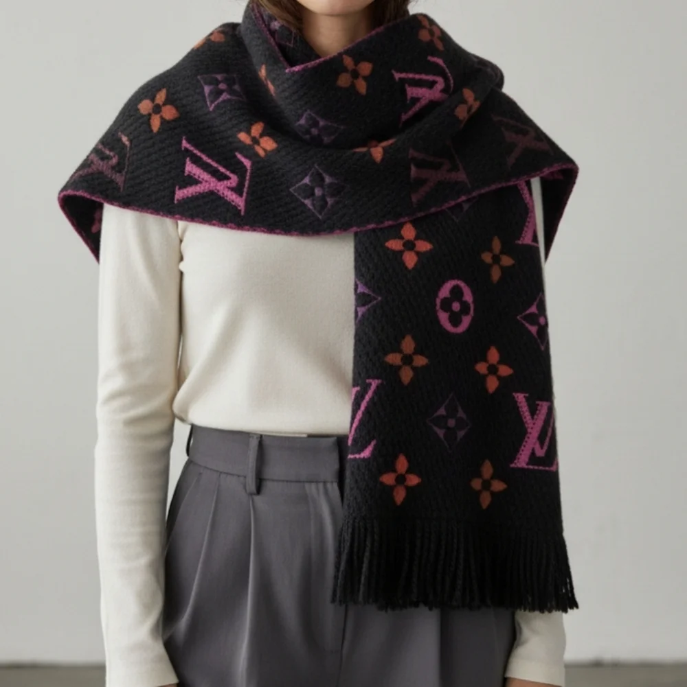 Louis Vuitton Echarpe Logomania Rainbow Wool Silk Scarf Black Pink